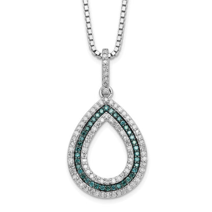 Sterling Silver White Night Rhodium-Plated Blue And Diamond Teardrop 18 Inch Necklace With 2 Extender