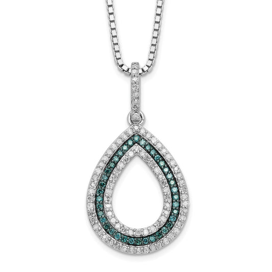 Sterling Silver White Night Rhodium-Plated Blue And Diamond Teardrop 18 Inch Necklace With 2 Extender