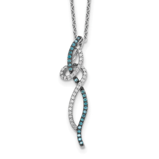 Sterling Silver White Night Rhodium-Plated Swirl And Blue Diamond 18 Inch Necklace With 2 Extender