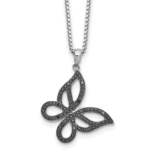 Sterling Silver White Night Rhodium-Plated Black Diamond Butterfly 18 Inch Necklace With 2 Extender