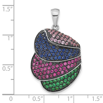 Sterling Silver & Black Rhodium Blue Green Glass W/ Light Dark Synthetic Ruby Pendant