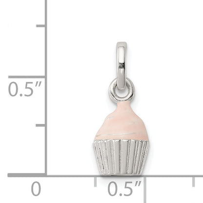 Sterling Silver Polished & Pink Enameled Cupcake Children'S Pendant