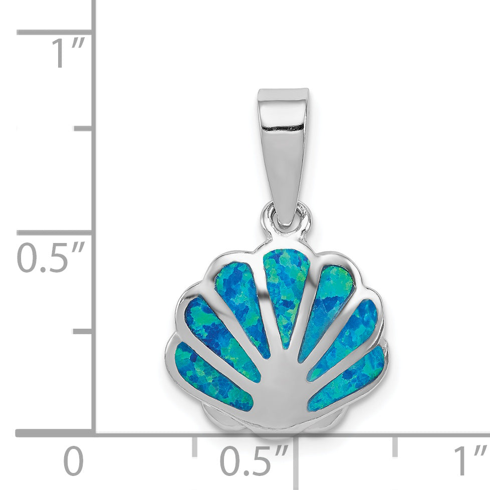 Sterling Silver Rhodium-Plated Polished Created Blue Opal Oyster Pendant