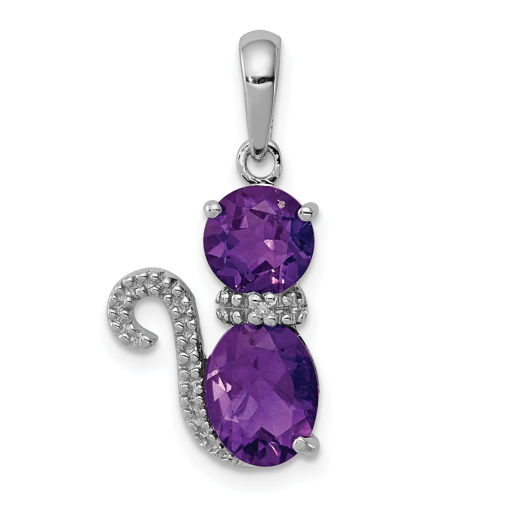 Sterling Silver Rhodium-Plated Amethyst And Diamond Cat Pendant