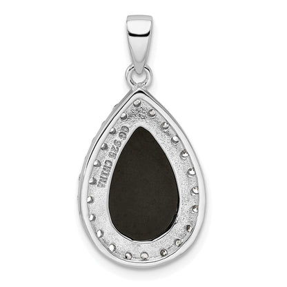 Sterling Silver Rhodium-Plated Cz And Onyx Tear Drop Pendant