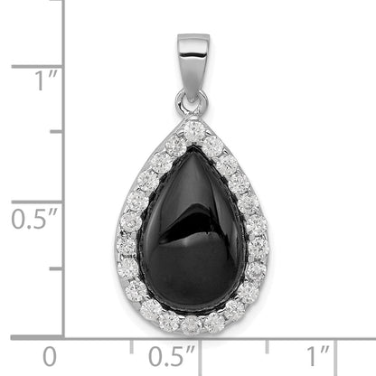 Sterling Silver Rhodium-Plated Cz And Onyx Tear Drop Pendant