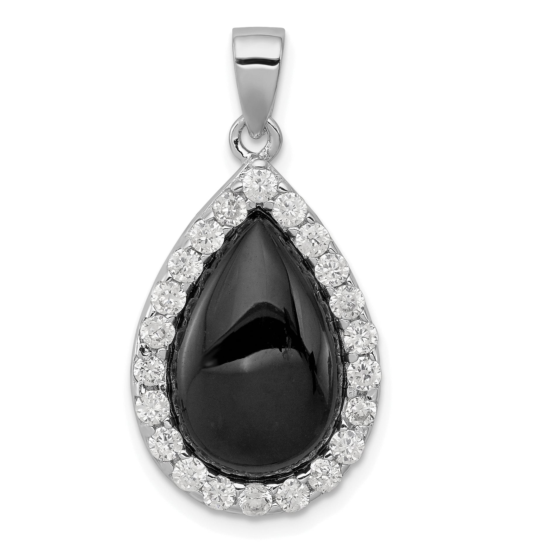 Sterling Silver Rhodium-Plated Cz And Onyx Tear Drop Pendant