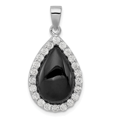 Sterling Silver Rhodium-Plated Cz And Onyx Tear Drop Pendant