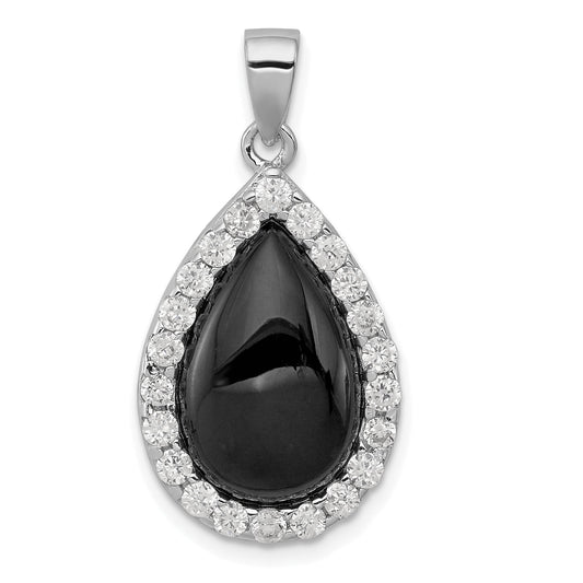 Sterling Silver Rhodium-Plated Cz And Onyx Tear Drop Pendant