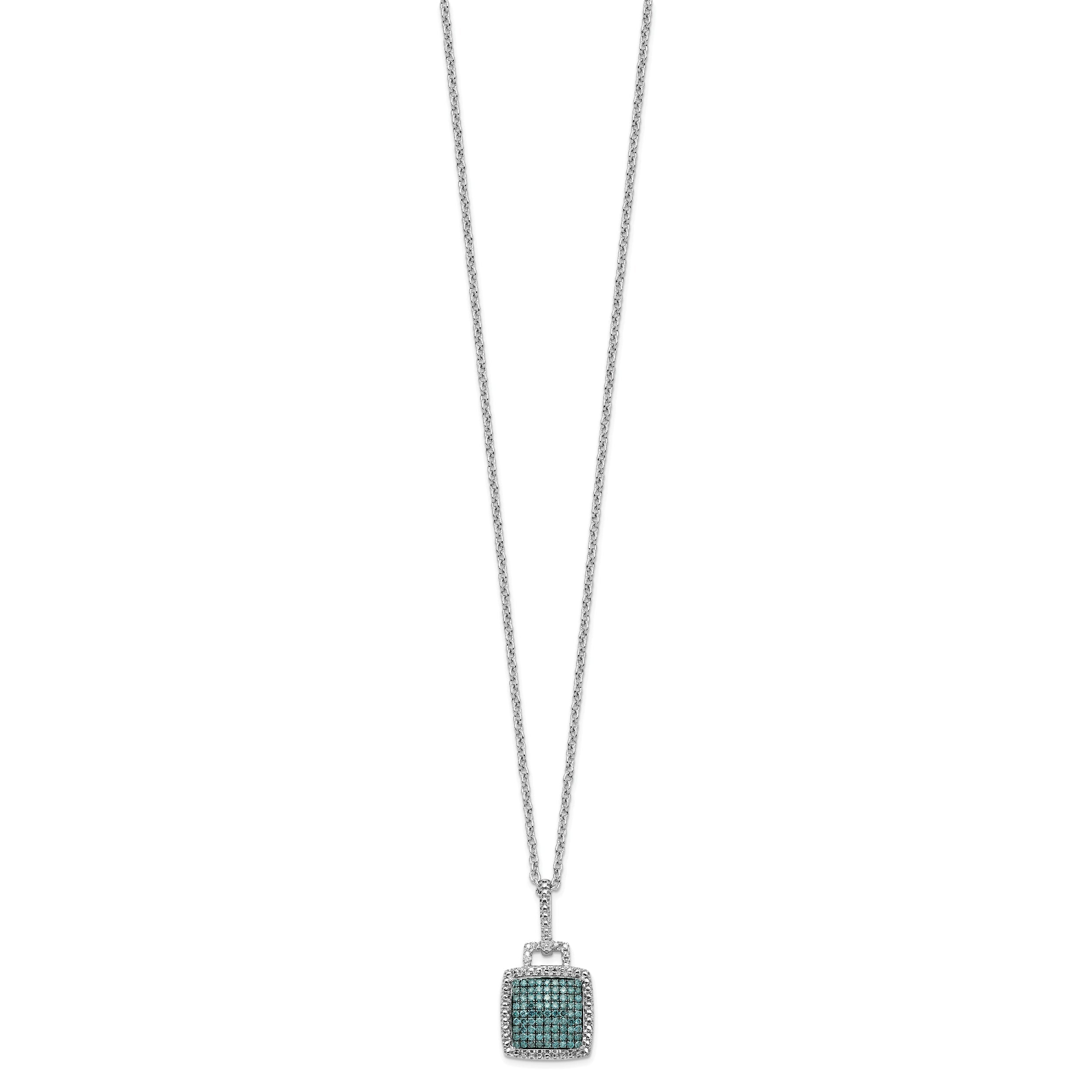 Sterling Silver White Night Rhodium-Plated Blue Diamond Square Pendant 18 Inch Necklace With 2 Extender