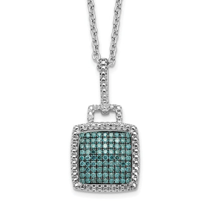 Sterling Silver White Night Rhodium-Plated Blue Diamond Square Pendant 18 Inch Necklace With 2 Extender