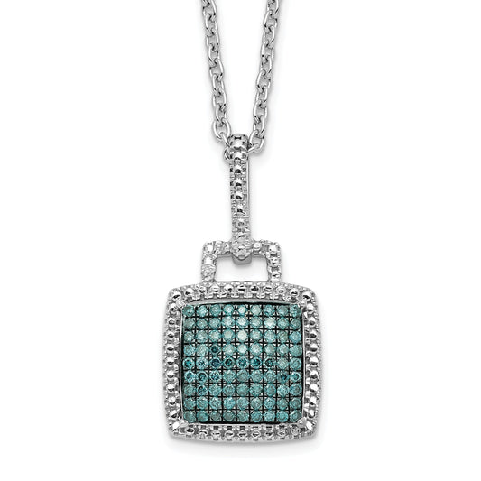 Sterling Silver White Night Rhodium-Plated Blue Diamond Square Pendant 18 Inch Necklace With 2 Extender