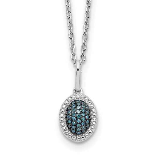 Sterling Silver White Night Rhodium-Plated Blue Diamond Oval Pendant 18 Inch Necklace With 2 Extender