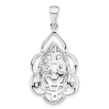 Sterling Silver Polished & Antiqued Cz Fleur De Lis Teardrop Pendant