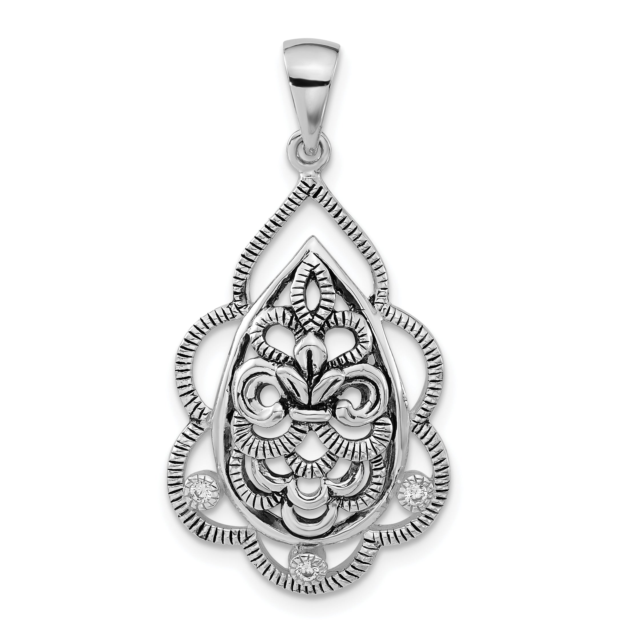 Sterling Silver Polished & Antiqued Cz Fleur De Lis Teardrop Pendant