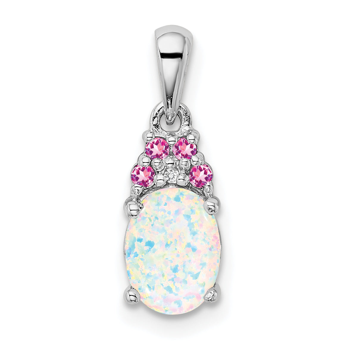 Sterling Silver Rhod-Plate Dia. Cr.Pink Sapp. Simulated Opal Pendant