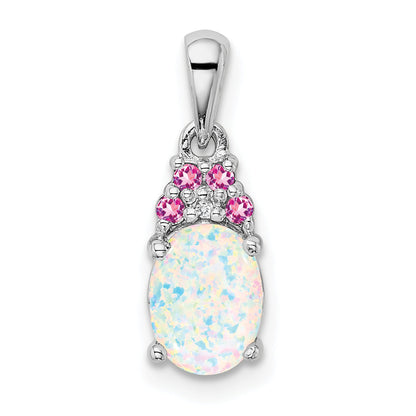 Sterling Silver Rhod-Plate Dia. Cr.Pink Sapp. Simulated Opal Pendant