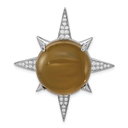 Sterling Silver Rhodium-Plated Brown Glass & Cz Sunburst Chain Slide