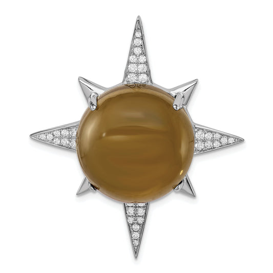 Sterling Silver Rhodium-Plated Brown Glass & Cz Sunburst Chain Slide