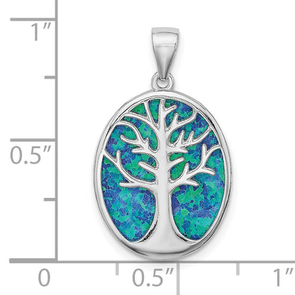 Sterling Silver Rhodium-Plated Created Opal Tree Of Life Oval Pendant