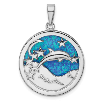 Sterling Silver Rhodium-Plated Blue Created Opal Dolphins Pendant