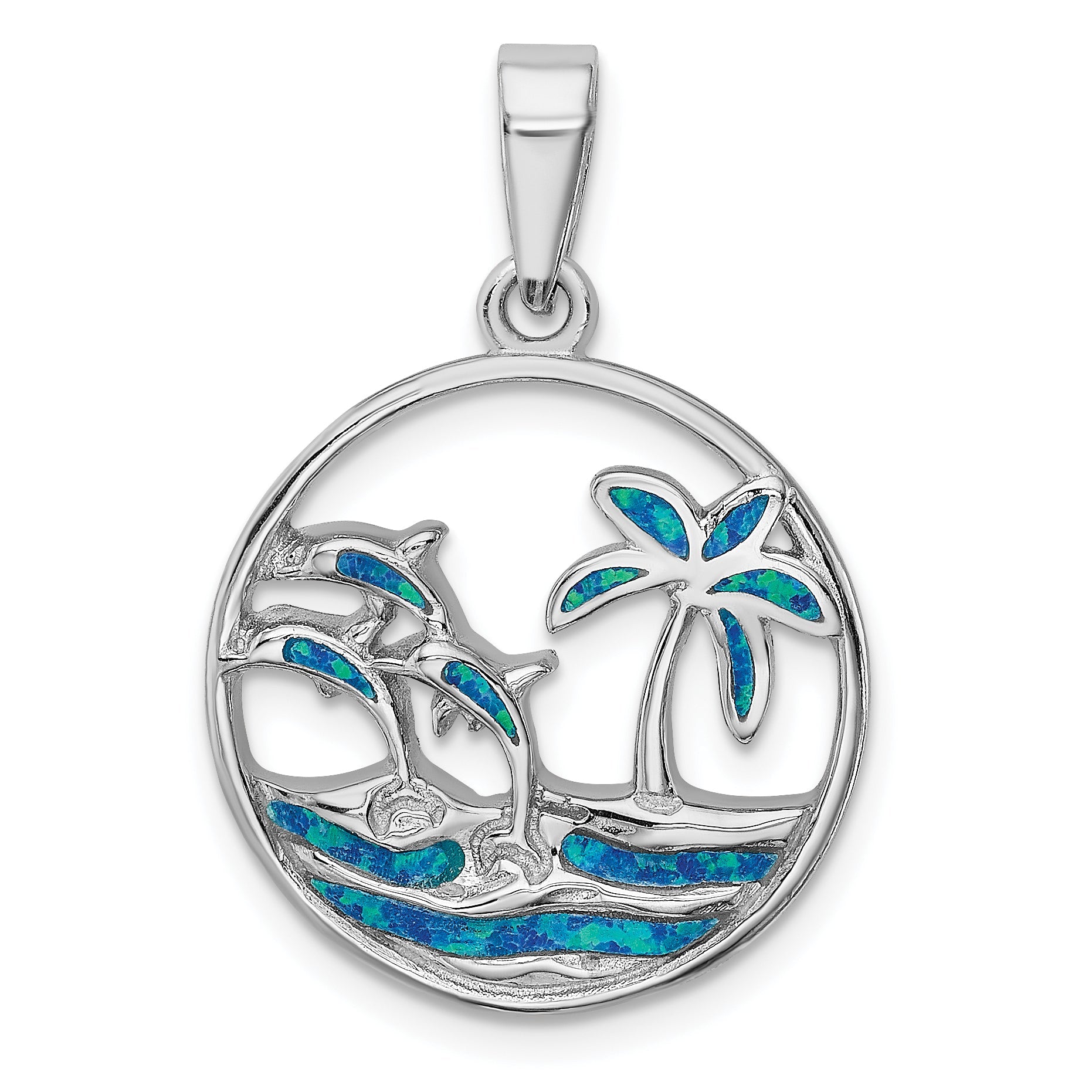 Sterling Silver Rhodium-Plated Blue Created Opal Dolphins Pendant