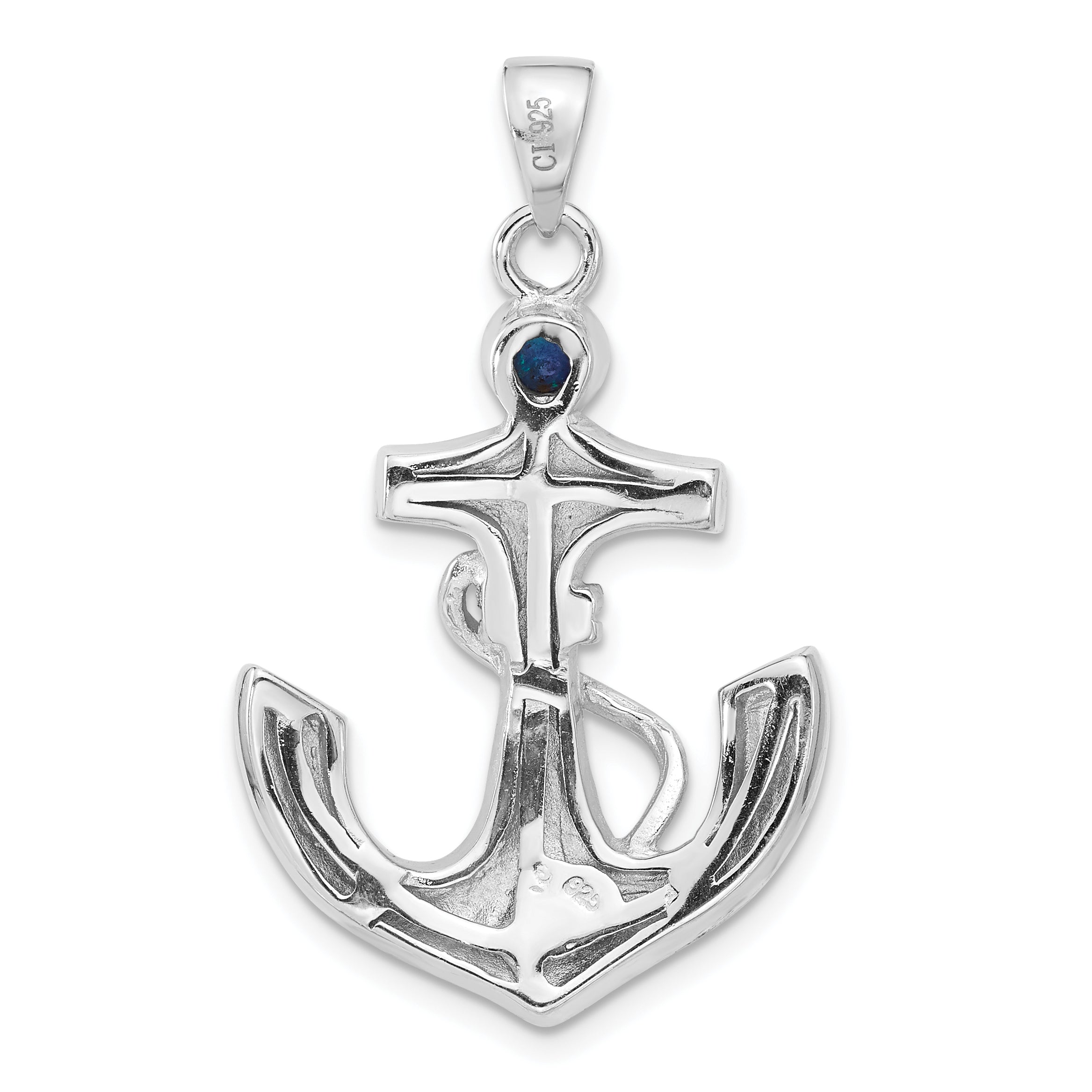 Sterling Silver Rhodium-Plated Blue Created Opal Anchor Pendant