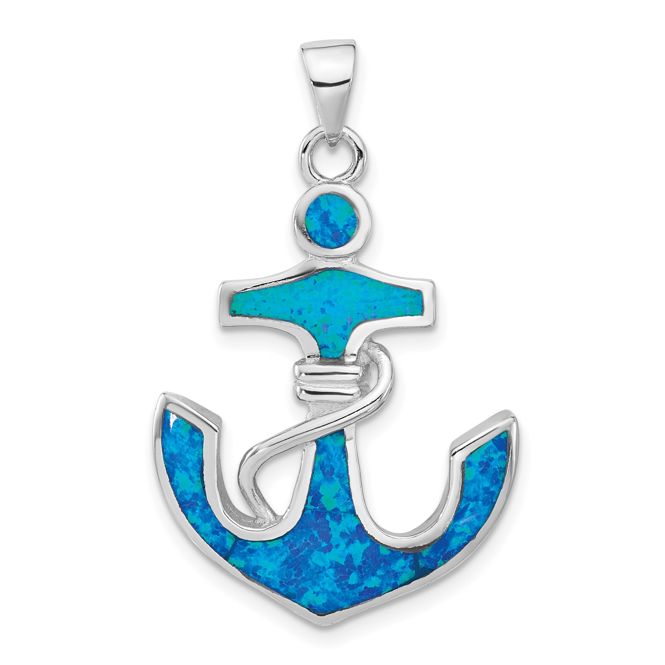 Sterling Silver Rhodium-Plated Blue Created Opal Anchor Pendant
