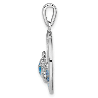Sterling Silver Rhodium-Plated Polished Blue Inlay Created Opal Turtle Pendant