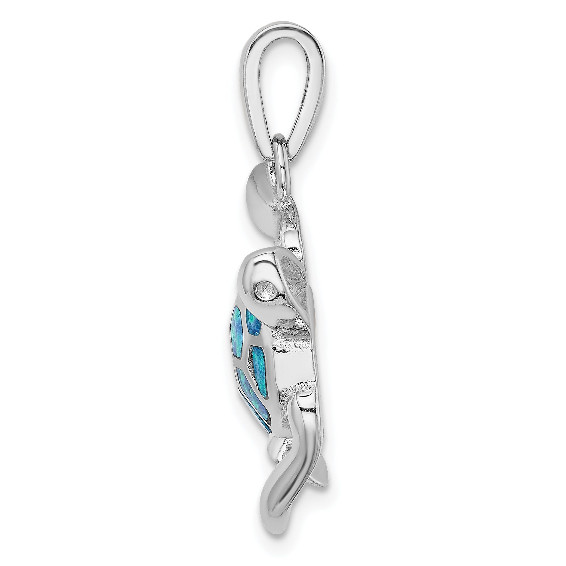 Sterling Silver Rhodium-Plated Polished Blue Inlay Created Opal Turtle Pendant