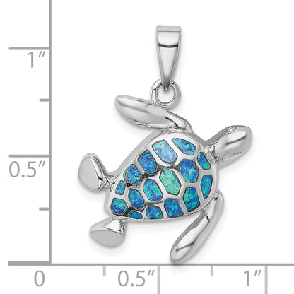 Sterling Silver Rhodium-Plated Polished Blue Inlay Created Opal Turtle Pendant
