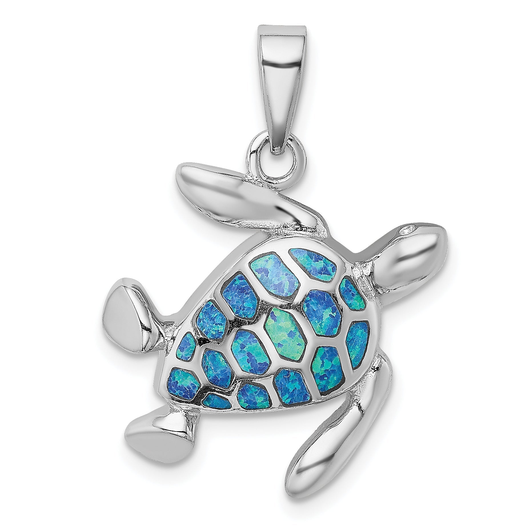 Sterling Silver Rhodium-Plated Polished Blue Inlay Created Opal Turtle Pendant