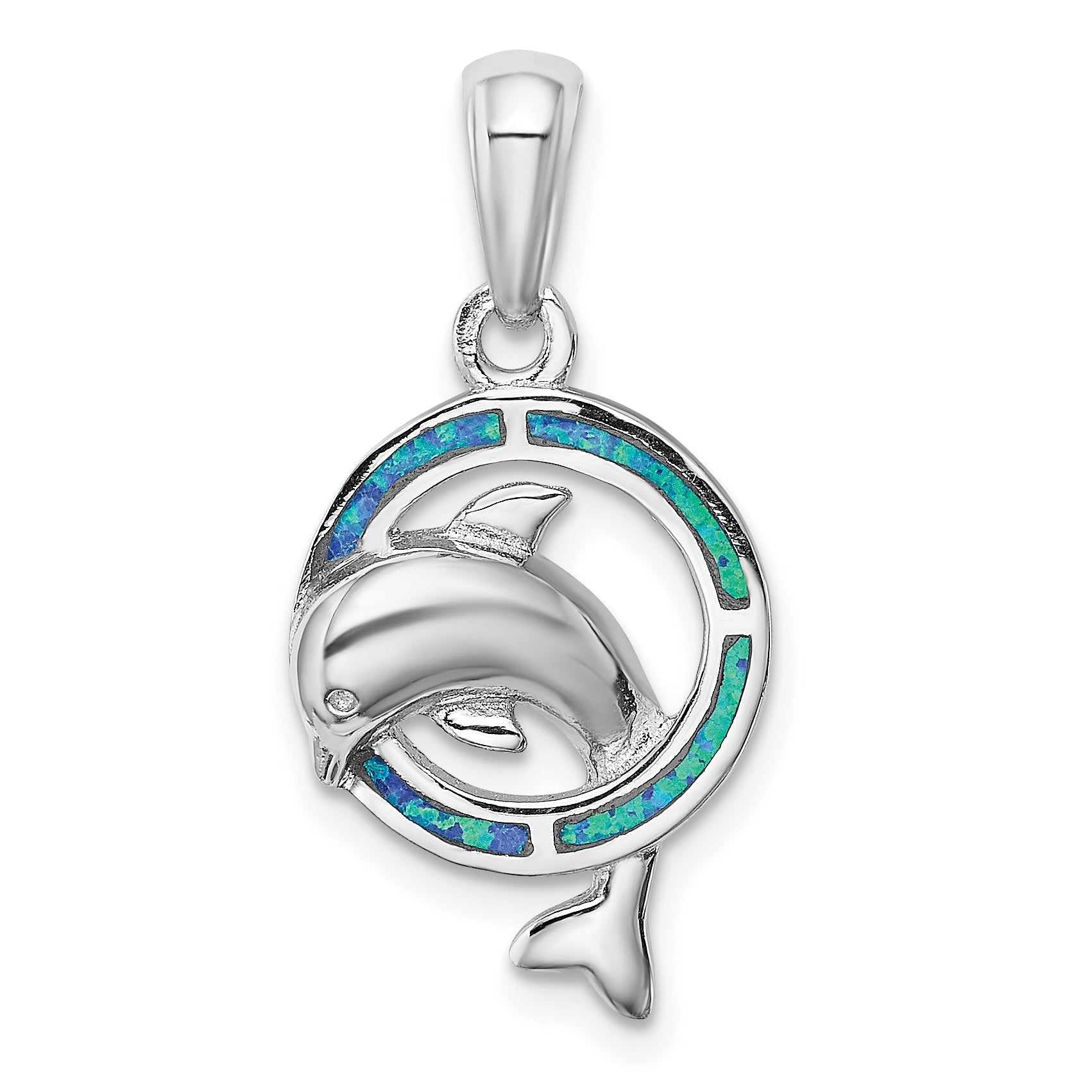 Sterling Silver Rhodium-Plated Blue Inlay Created Opal Dolphin Pendant