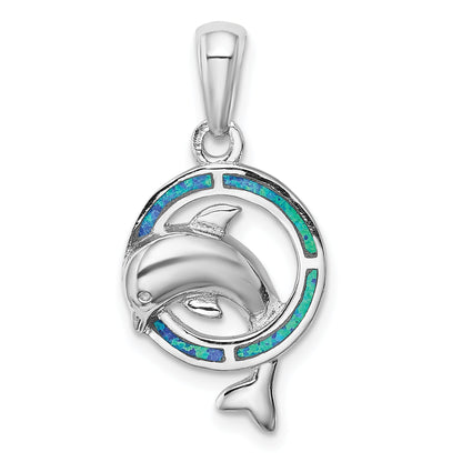 Sterling Silver Rhodium-Plated Blue Inlay Created Opal Dolphin Pendant