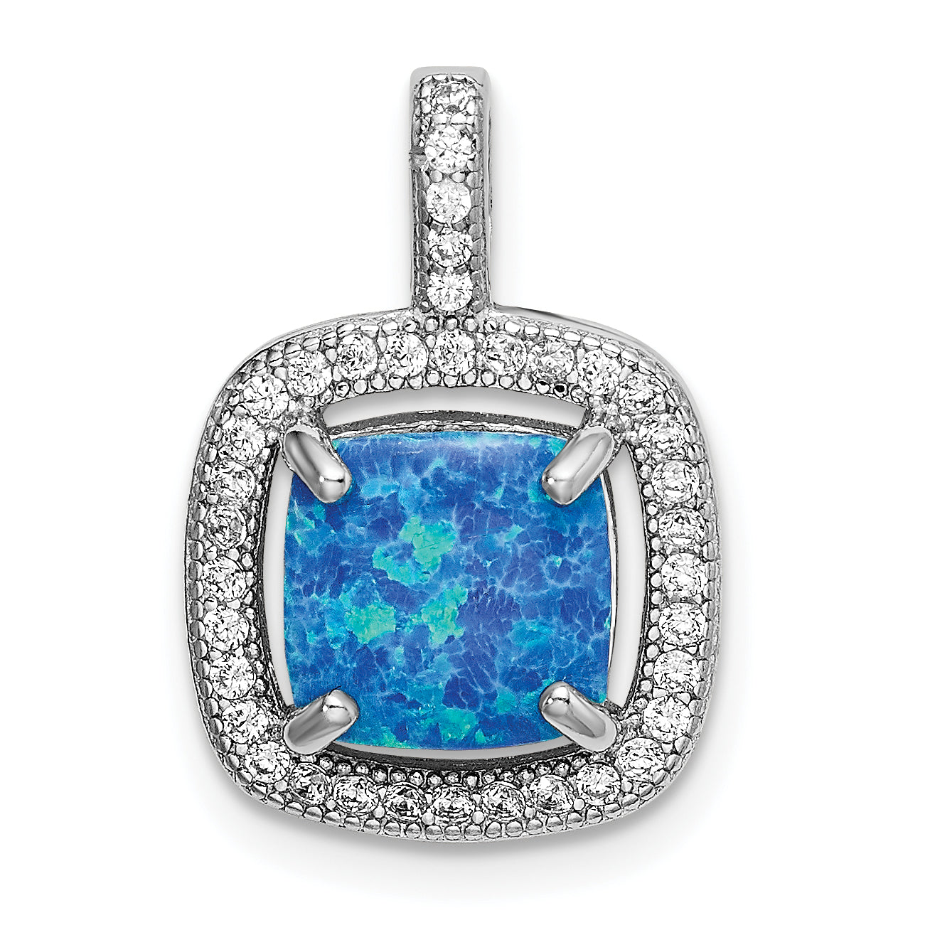Sterling Silver Rhodium-Plated Blue Square Created Opal W/Cz Pendant