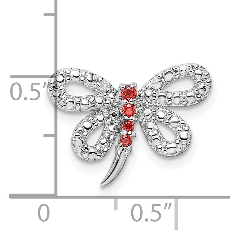Sterling Silver Rhodium-Plated Diamond And Red Cz Dragonfly Chain Slide