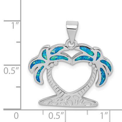 Sterling Silver Rhodium-Plated Created Blue Opal Palm Trees Pendant