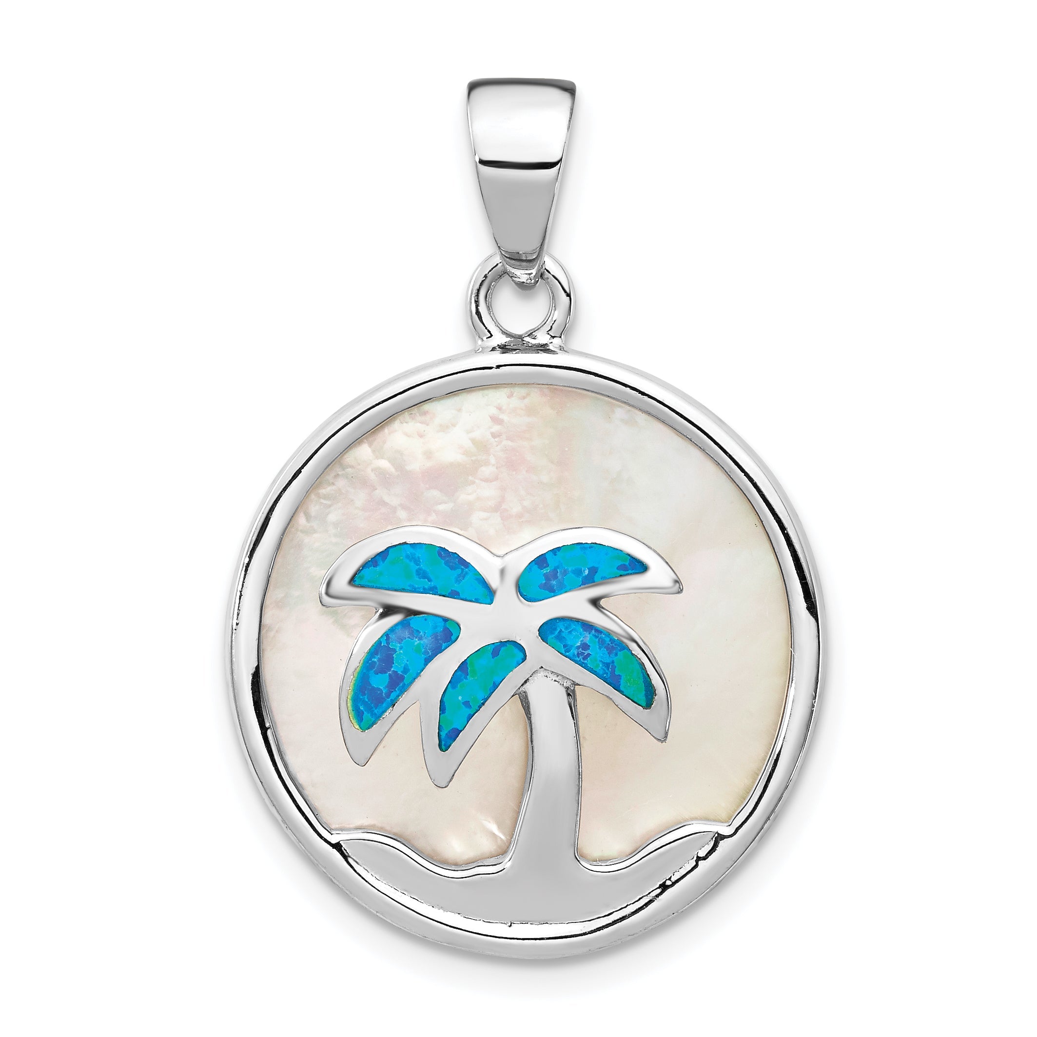 Sterling Silver Rhodium-Plated Mother Of Pearl And Blue Created Opal Round Palm Tree Pendant