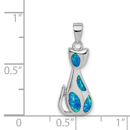 Sterling Silver Rhodium-Plated Cat W/Created Opal Accents Pendant