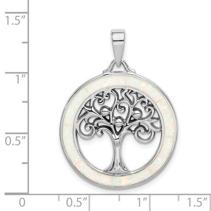 Sterling Silver Rhodium-Plated Created Opal Circle W/Tree Pendant