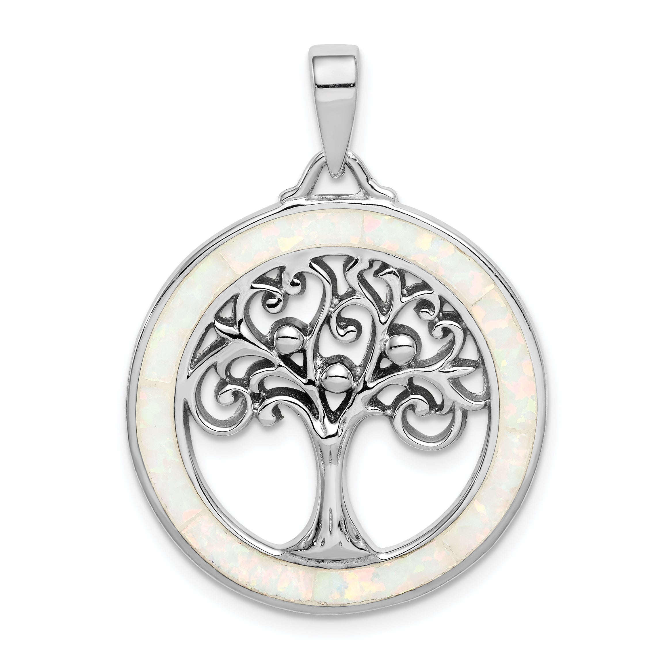 Sterling Silver Rhodium-Plated Created Opal Circle W/Tree Pendant