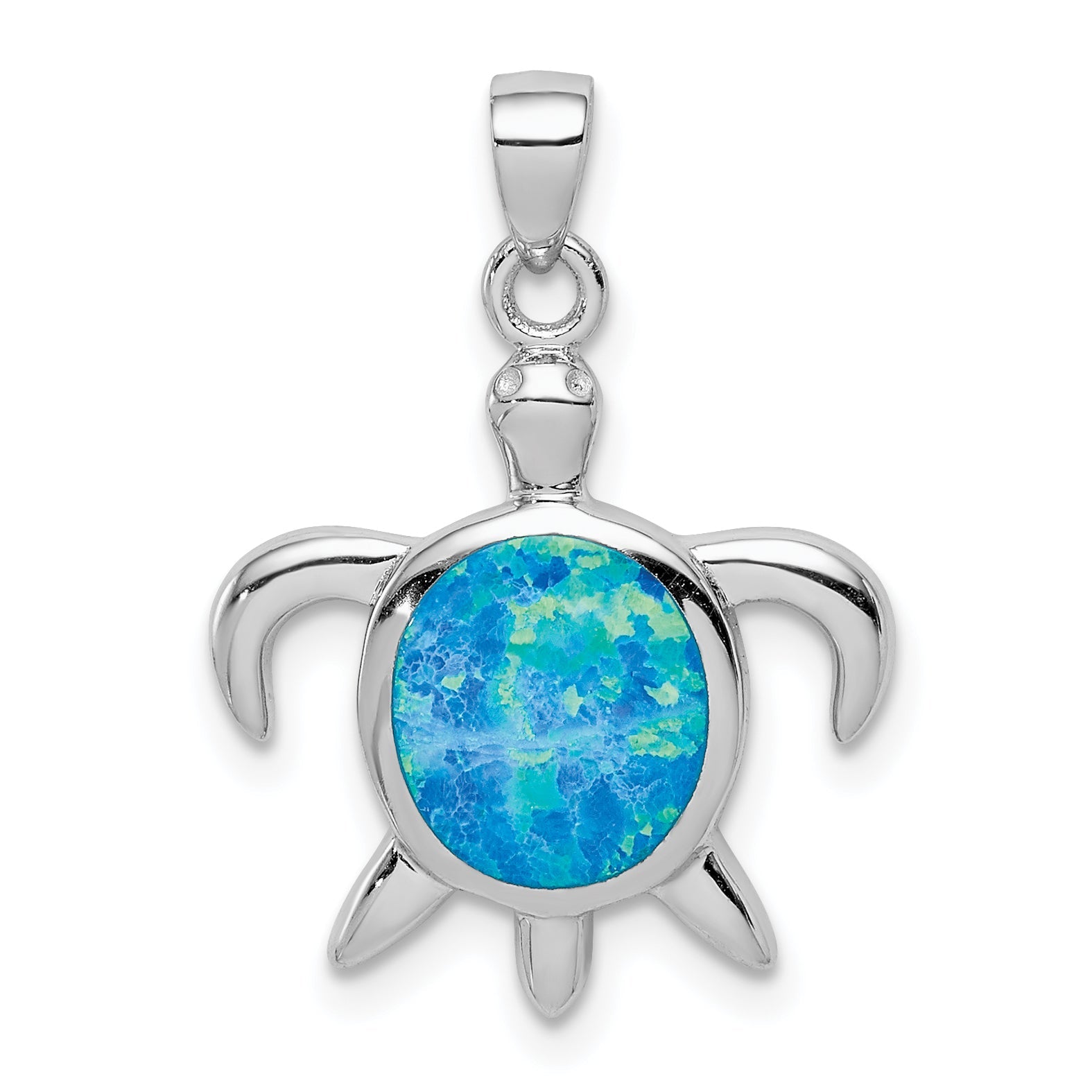 Sterling Silver Rhodium-Plated Polished Created Opal Turtle Pendant