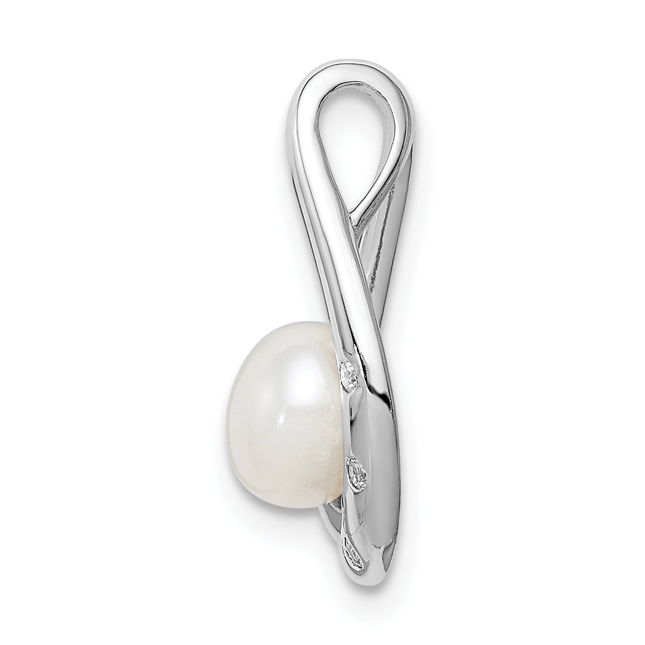 Sterling Silver Rhodium-Plated Cz (6-7mm) Fwc Pearl Teardrop Chain Slide