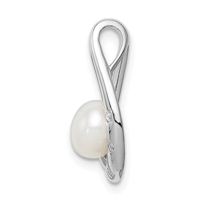 Sterling Silver Rhodium-Plated Cz (6-7mm) Fwc Pearl Teardrop Chain Slide