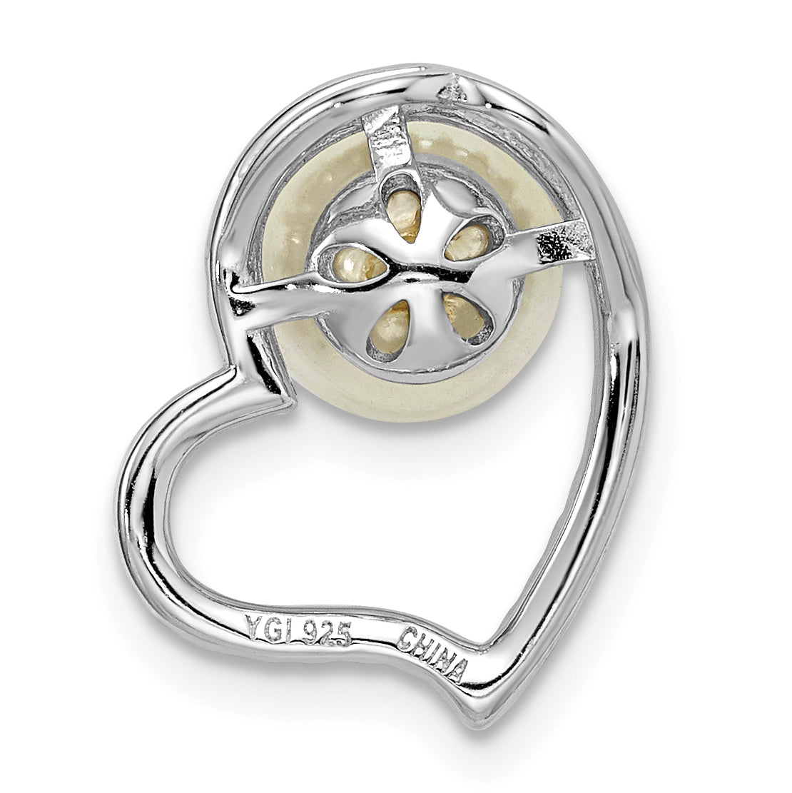 Sterling Silver Rhod-Plated Cz Heart & Imitation Shell Pearl Chain Slide