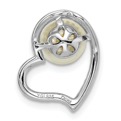 Sterling Silver Rhod-Plated Cz Heart & Imitation Shell Pearl Chain Slide