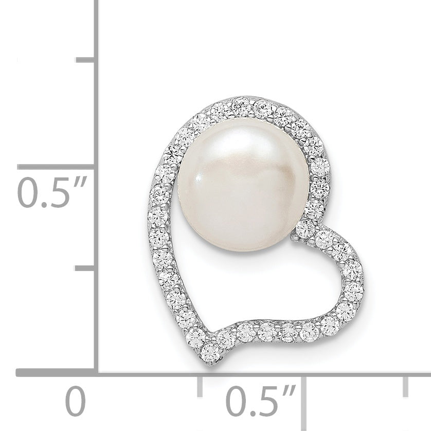 Sterling Silver Rhod-Plated Cz Heart & Imitation Shell Pearl Chain Slide