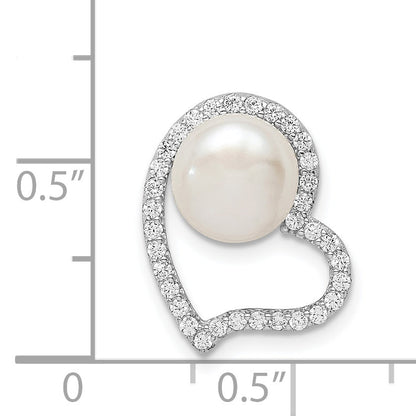 Sterling Silver Rhod-Plated Cz Heart & Imitation Shell Pearl Chain Slide
