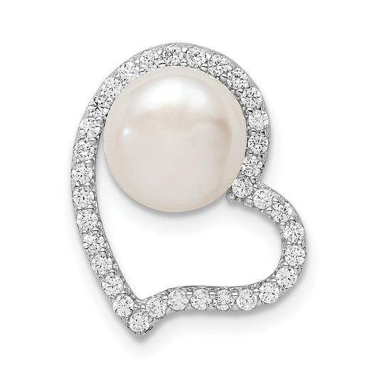 Sterling Silver Rhod-Plated Cz Heart & Imitation Shell Pearl Chain Slide