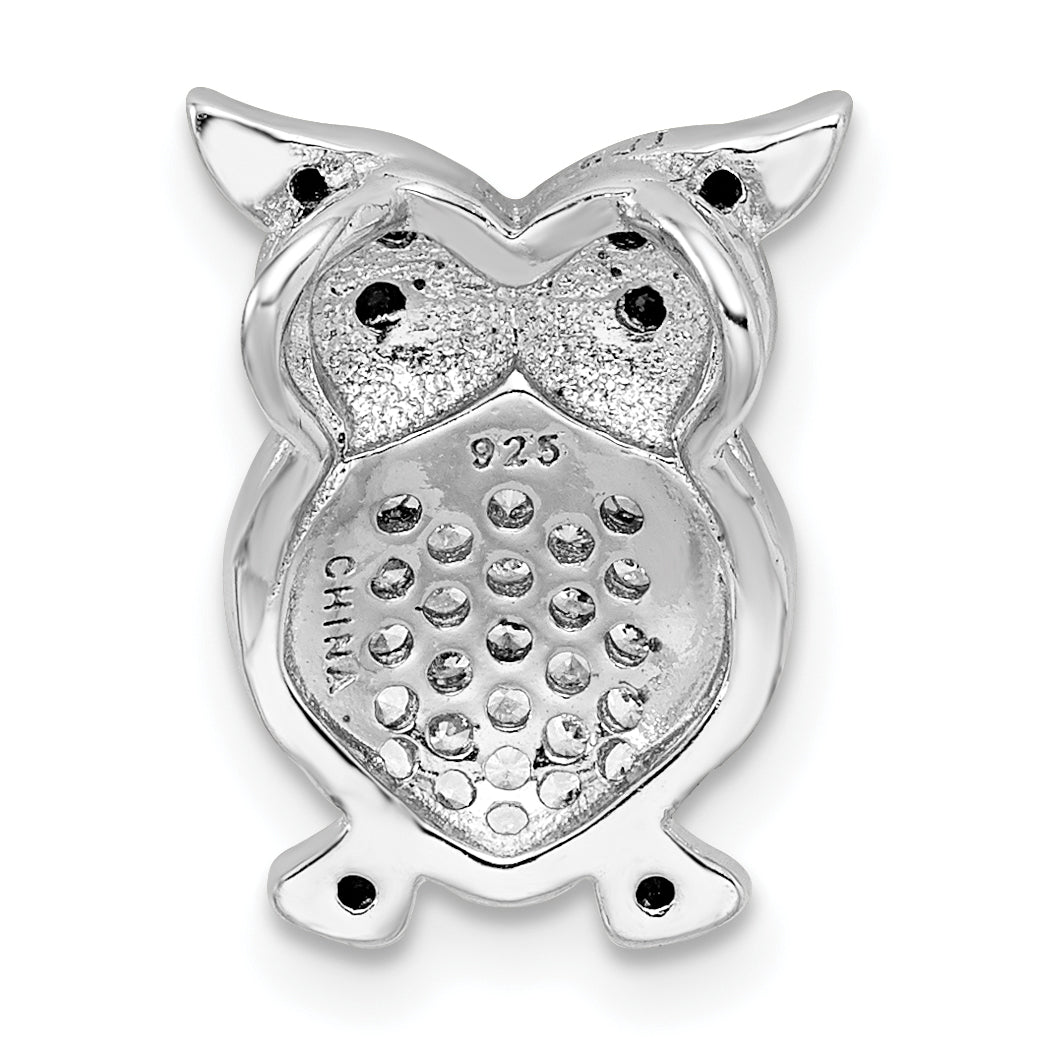 Sterling Silver Rhodium-Plated Polished Black And Clear Cz Owl Chain Slide